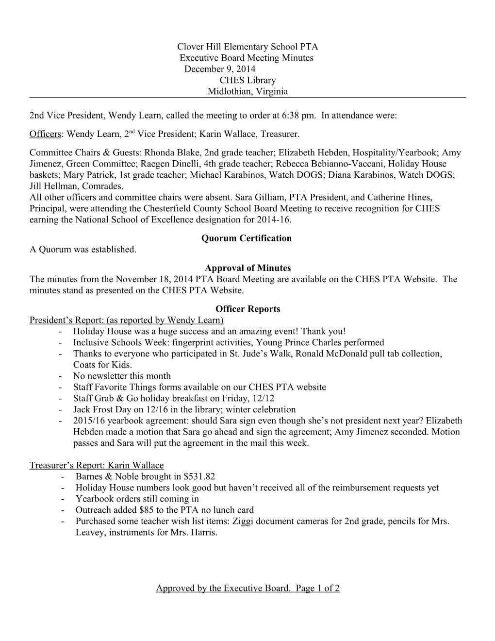 Clover Hill Elementary School PTA Executive Board Meeting Minutes