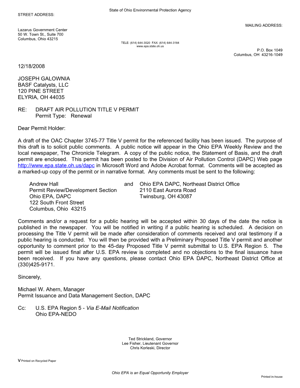 Re: Draft Air Pollution Title V Permit