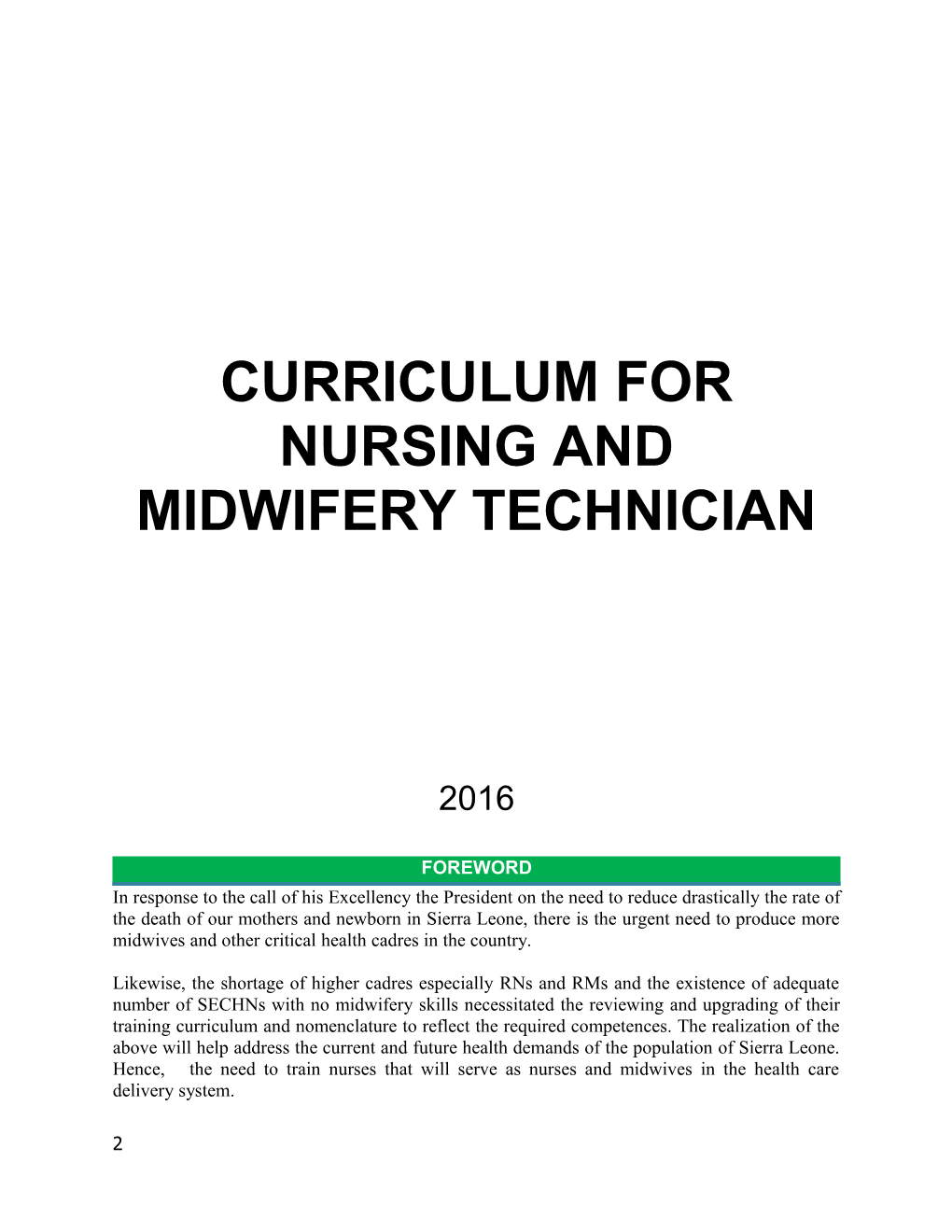 Curriculum for Nursing and Midwifery Technician