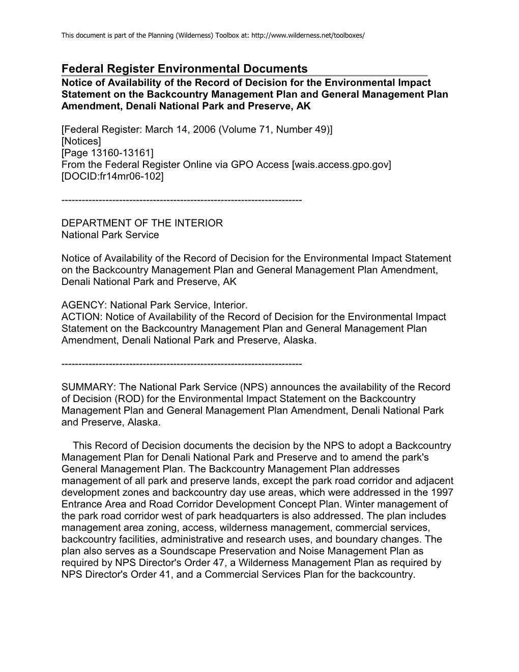 Record of Decision: Denali National Park and Preserve Backcountry Management Plan