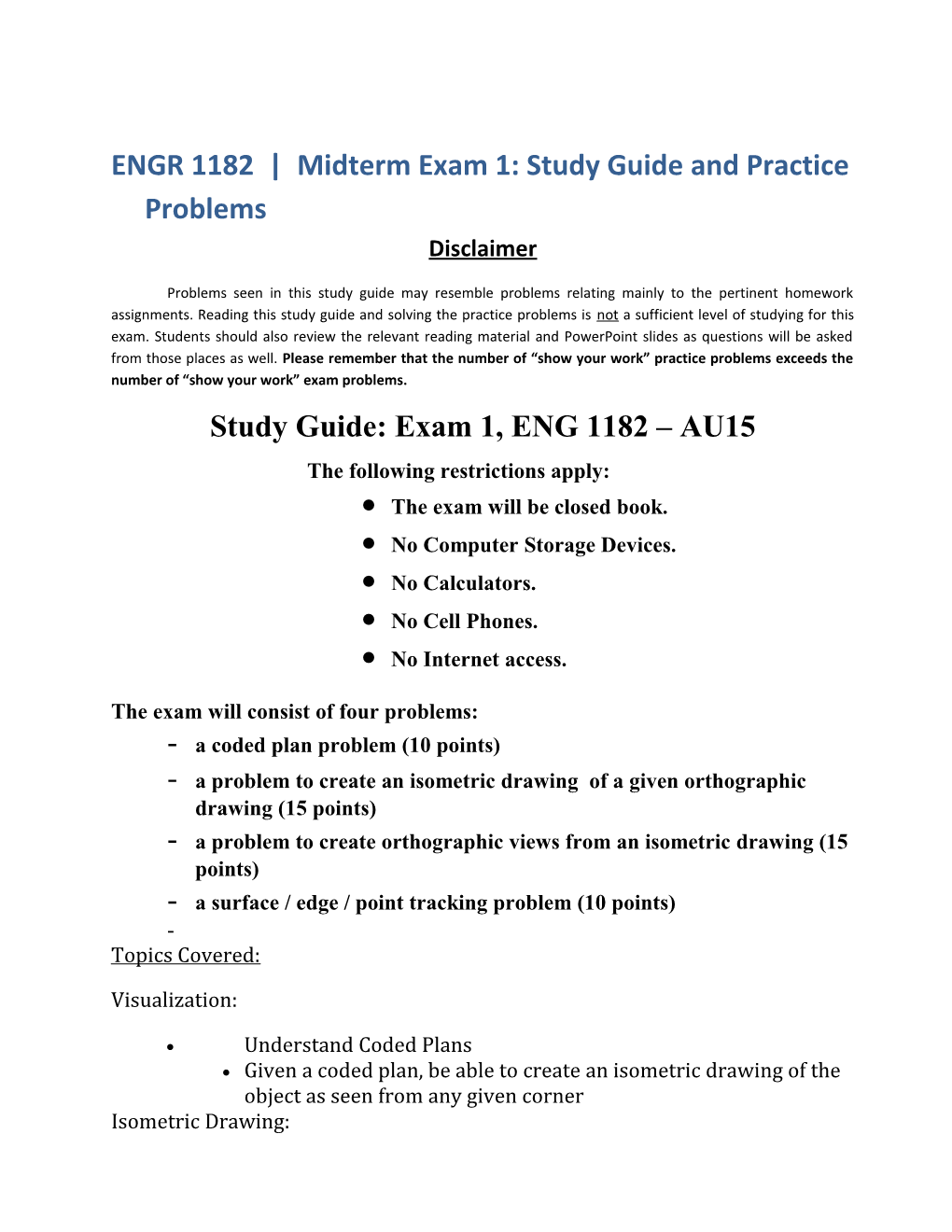 ENGR 1182 Midterm Exam 1: Study Guide and Practice Problems
