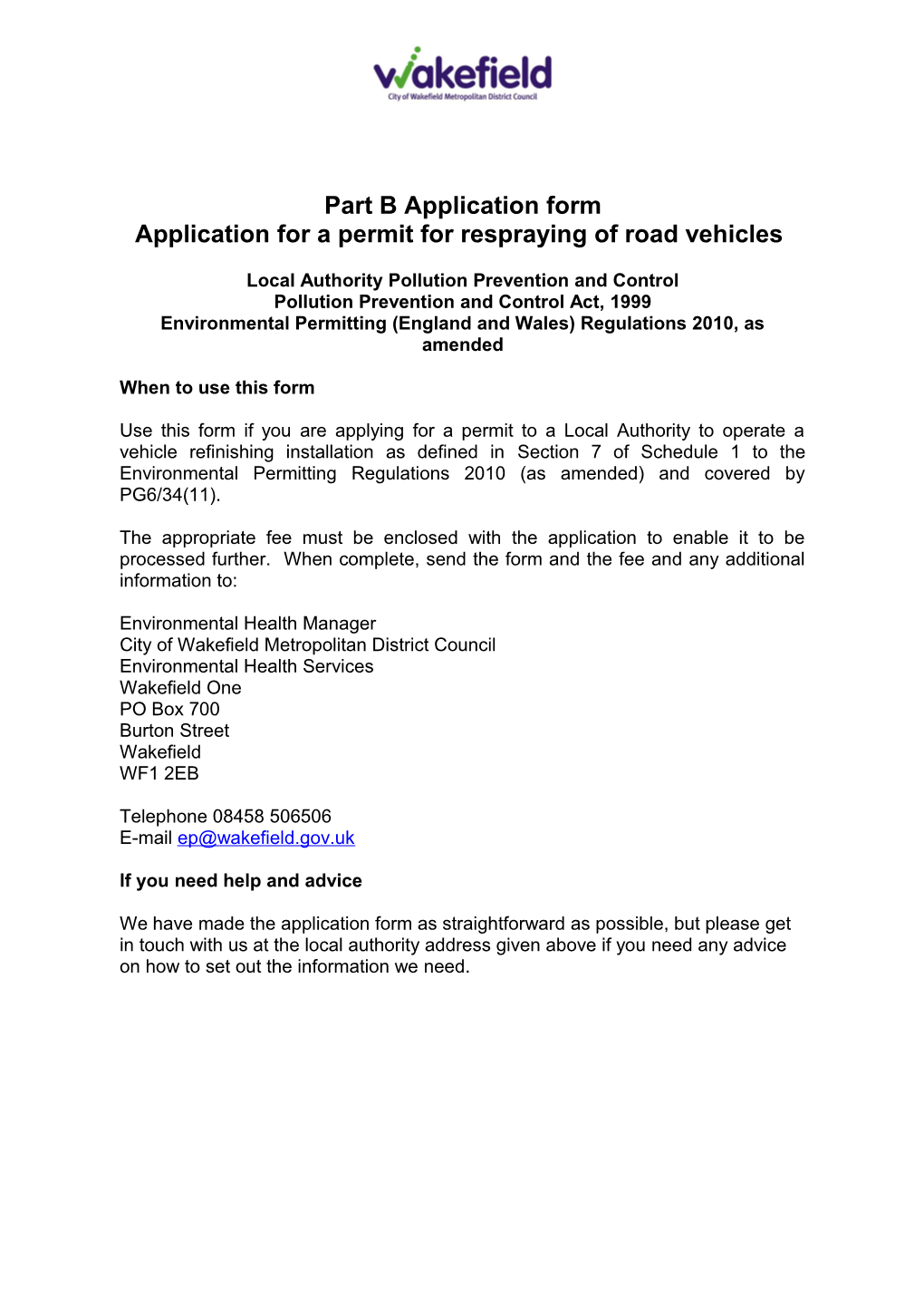 Integrated Pollution Prevention and Control Respraying of Road Vehicles - Application Form