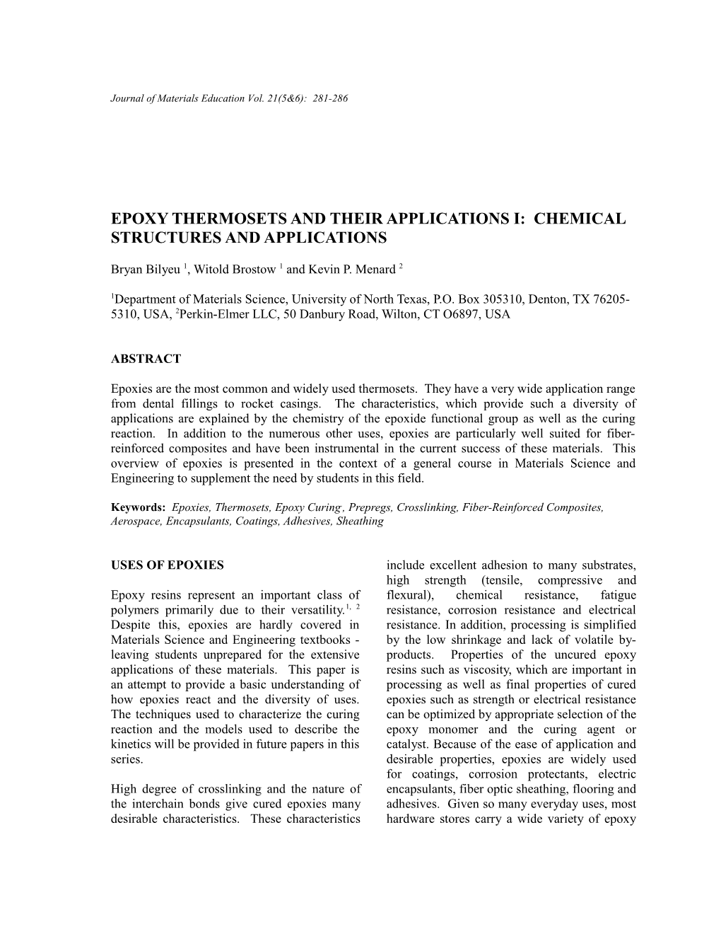 Epoxy Thermosets and Their App I: Chem Struct & Apps