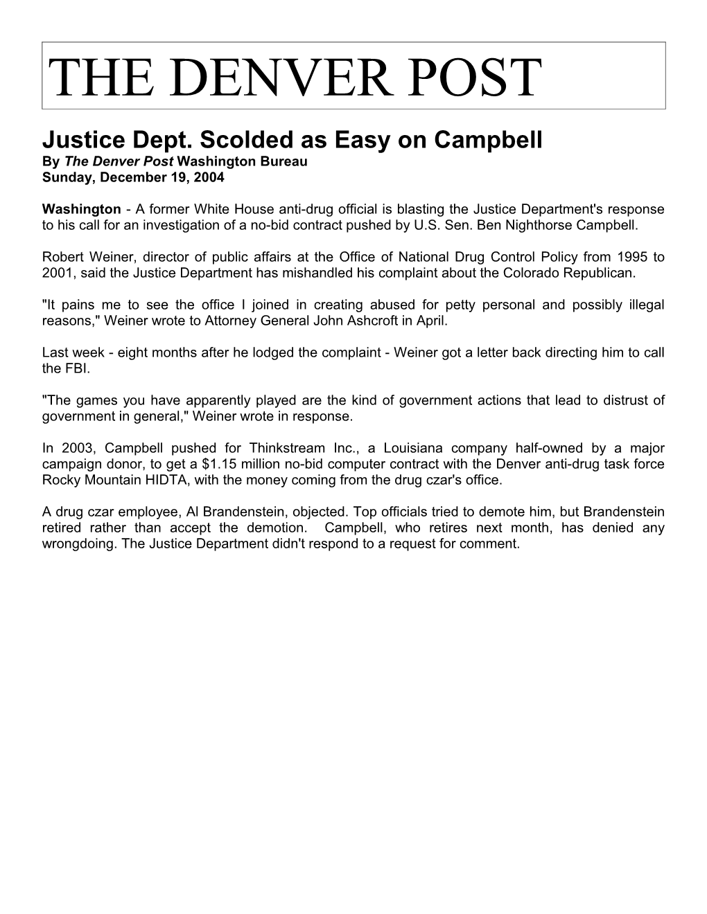 Justice Dept. Scolded As Easy on Campbell