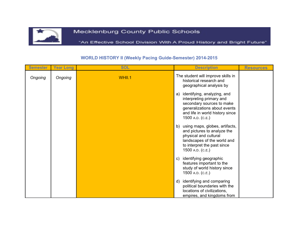 WORLD HISTORY II (Weekly Pacing Guide-Semester) 2014-2015