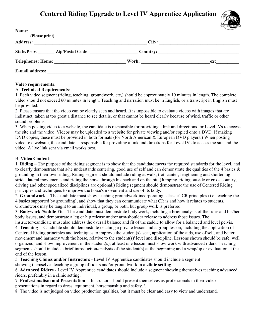 Application for Level II Centered Ridingâ Instructor
