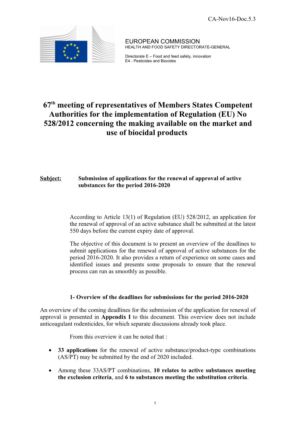 Subject: Submission of Applications for the Renewal of Approval of Active Substances For