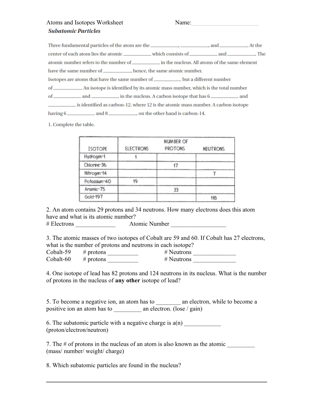 Atoms and Isotopes Worksheet