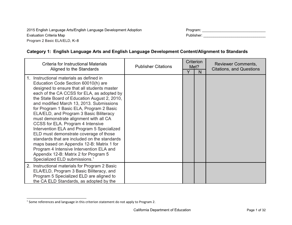 ELA-ELD Criteria Map, Program 2 - Instructional Materials (CA Dept of Education)