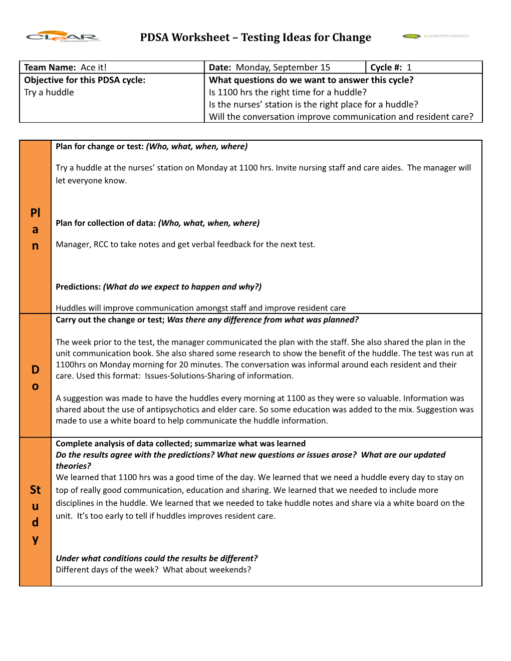 PDSA Worksheet Testing Ideas for Change