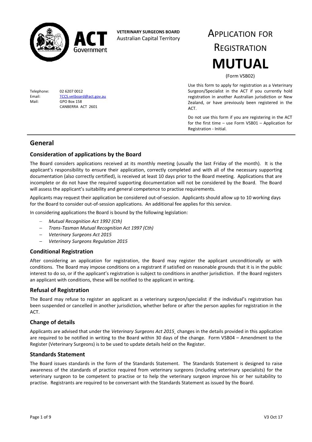 ACT Veterinary Surgeons Board Mutual Application Form