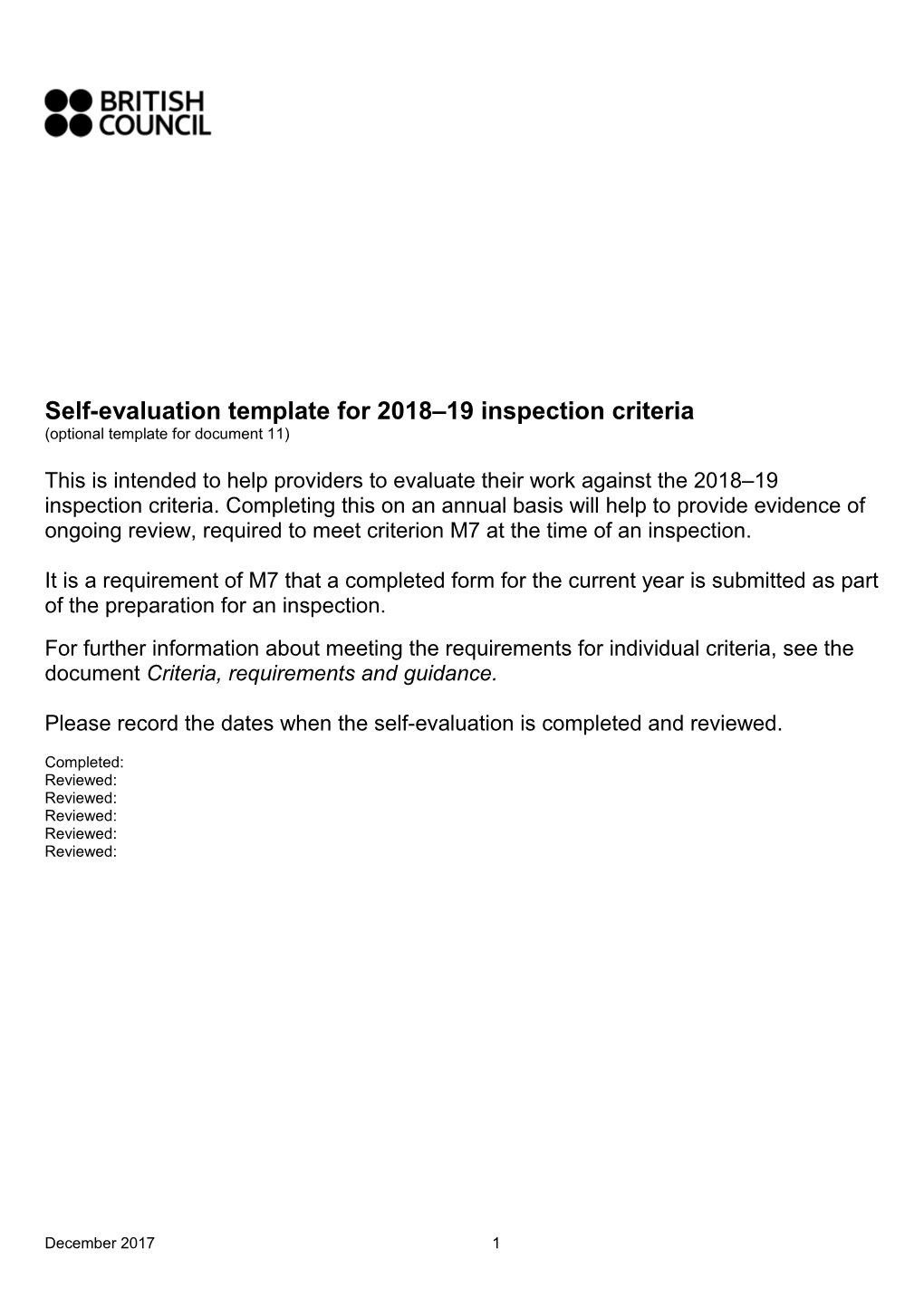 Self-Evaluation Template for 2018 19 Inspection Criteria