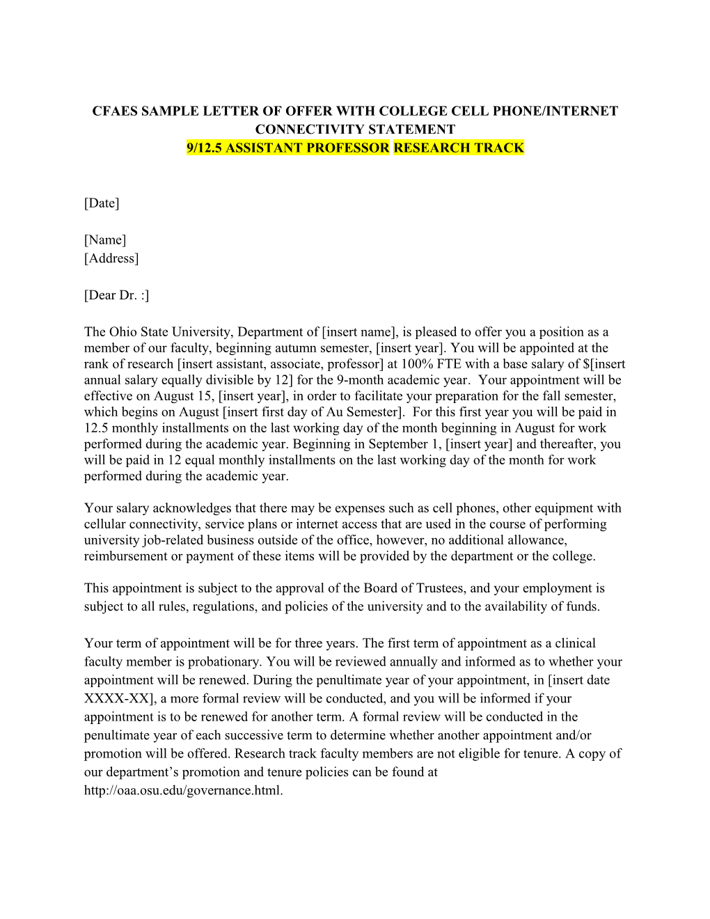 Cfaes Sample Letter of Offer with College Cell Phone/Internet Connectivity Statement