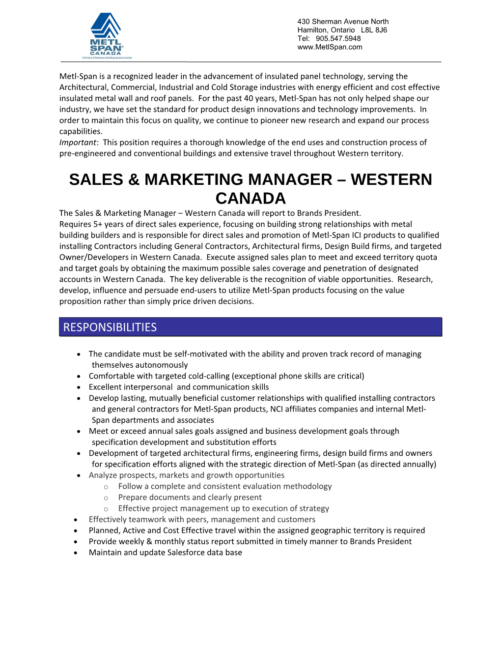 Sales & Marketing Manager Western Canada