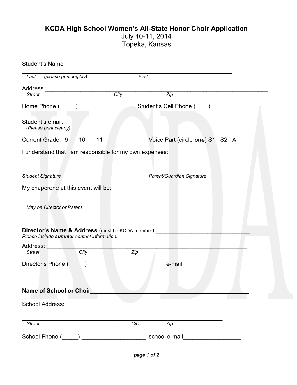 KCDA High School Women S All-State Honor Choir Application