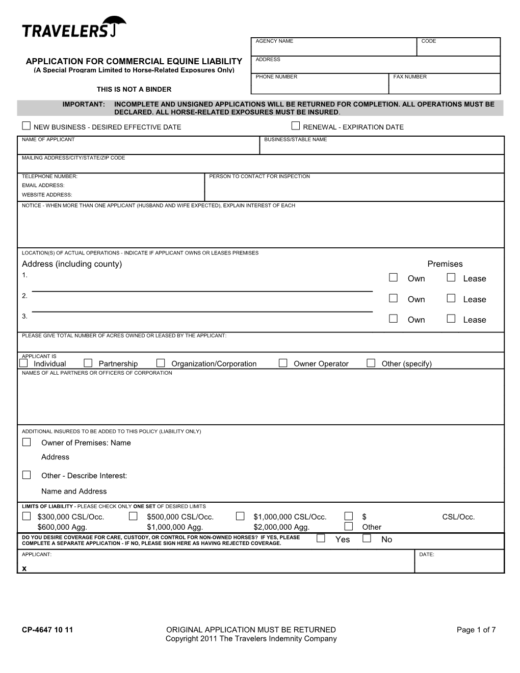 Application Forcommercial Equine Liability