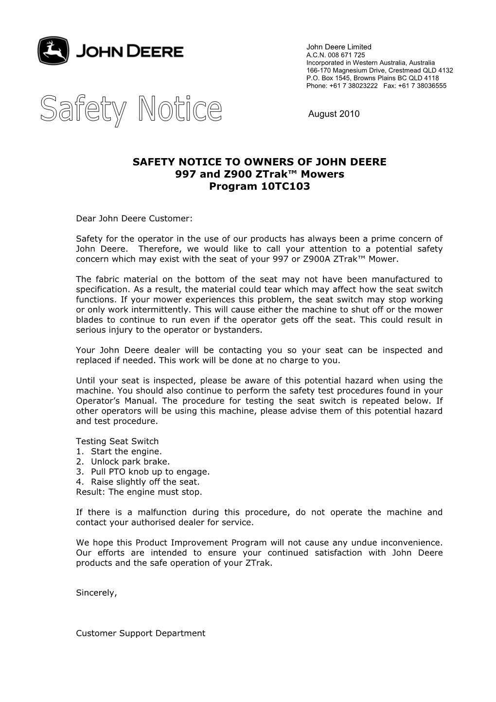 Safety Notice to Owners of John Deere