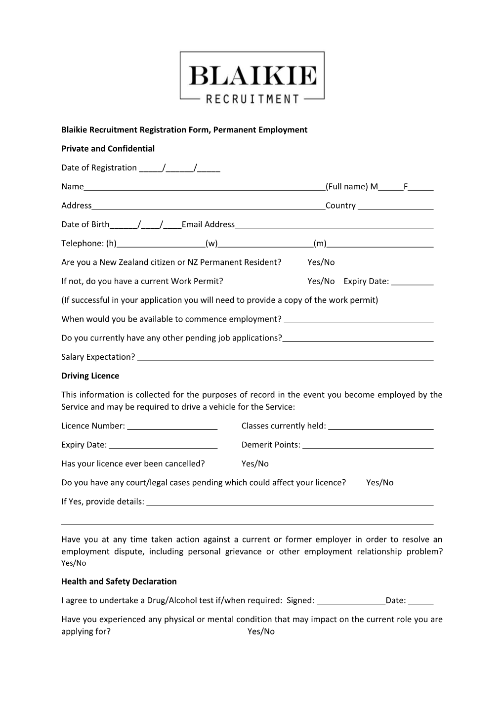 Blaikie Recruitment Registration Form, Permanent Employment