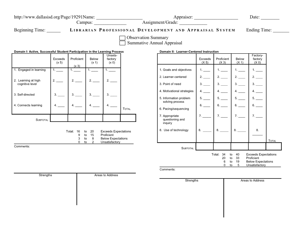 Beginning Time: ______ Librarian Professional Development and Appraisal System Ending Time