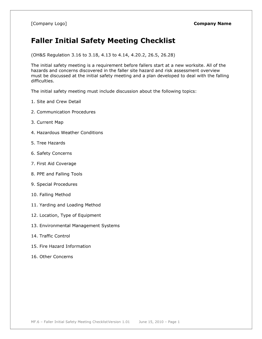 Faller Initial Safety Meeting Checklist