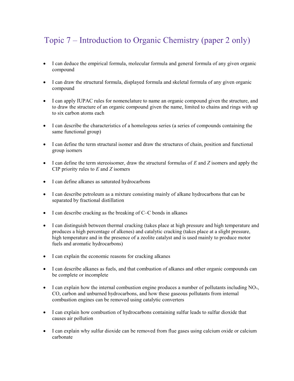 Topic 7 Introduction to Organic Chemistry (Paper 2 Only)