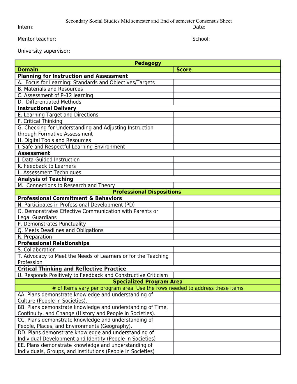 Secondary Social Studies Mid Semester and End of Semester Consensus Sheet