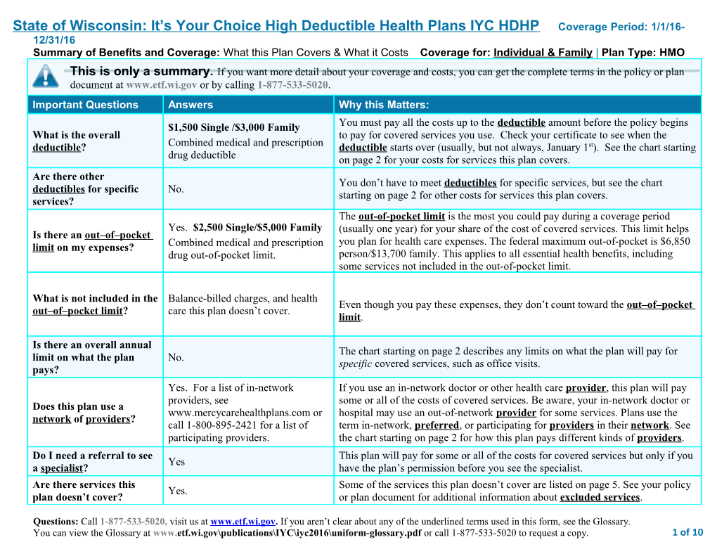 State of Wisconsin: It S Your Choice High Deductible Health Plans IYC HDHP Coverage Period
