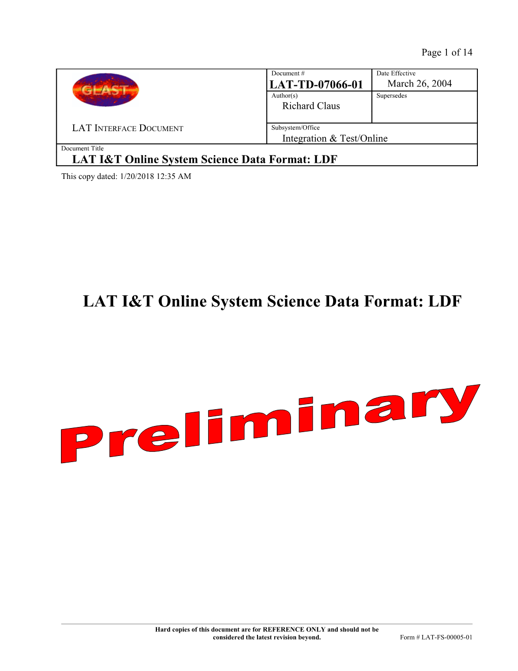 GLAST LAT I&T Online System Science Data Format