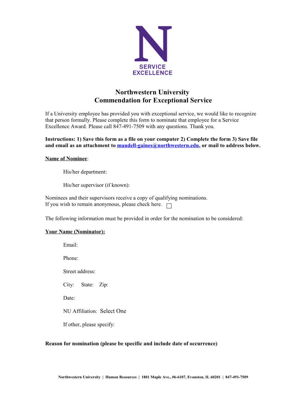 Northwestern University Commendation For Exceptional Service