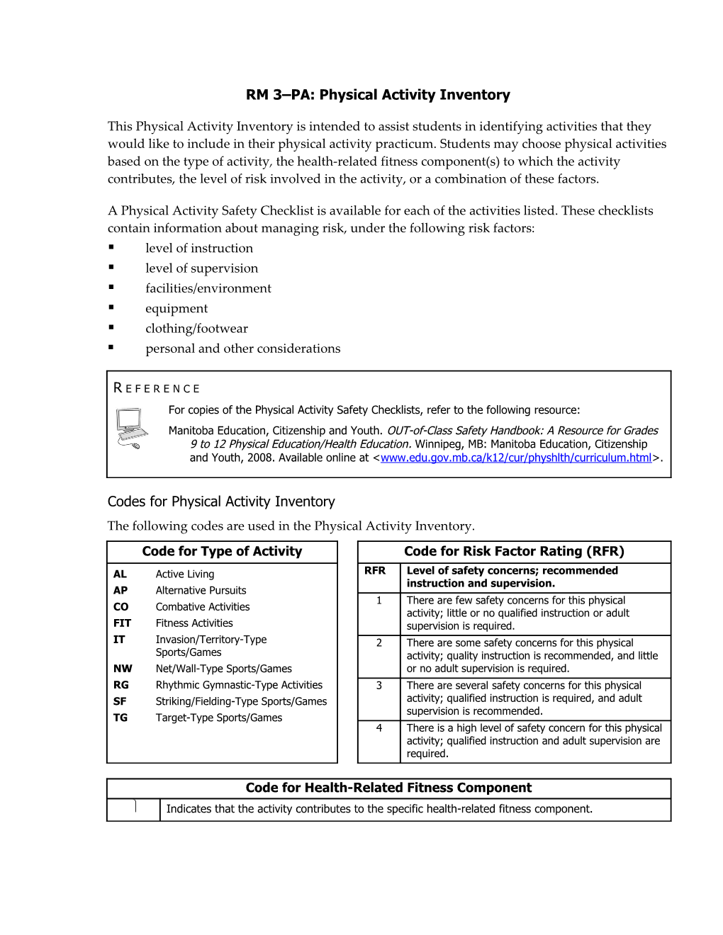 RM 3 PA: Physical Activity Inventory