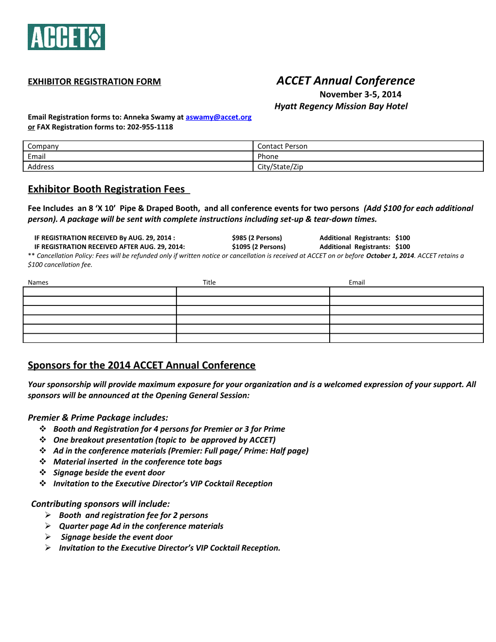 EXHIBITOR REGISTRATION FORM ACCET Annual Conference
