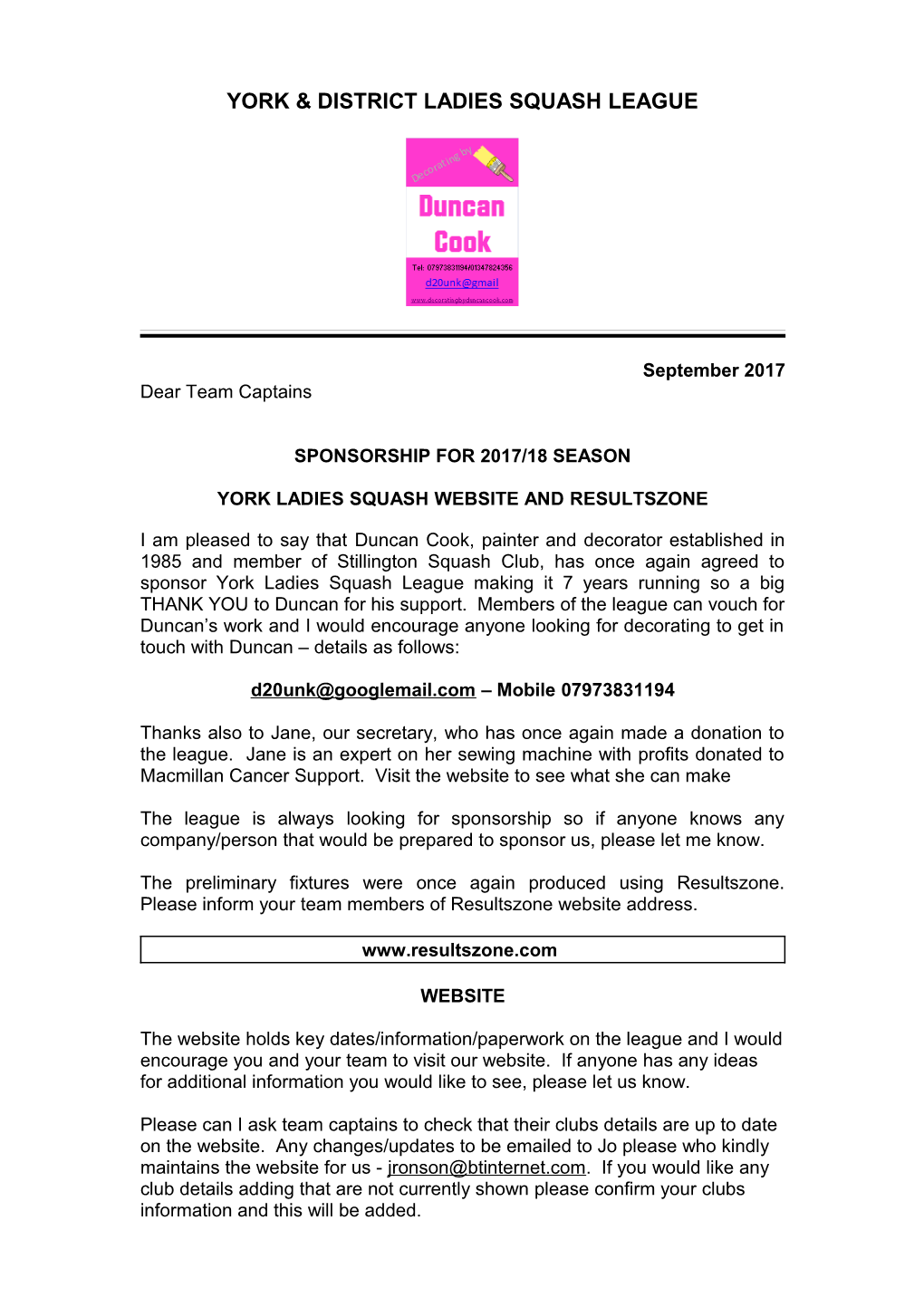 York & District Ladies Squash League