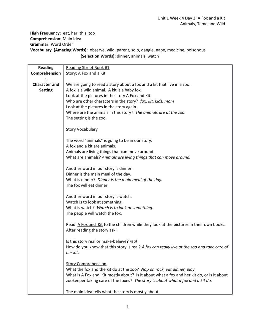 Unit 1 Week 4 Day 3: a Fox and a Kit