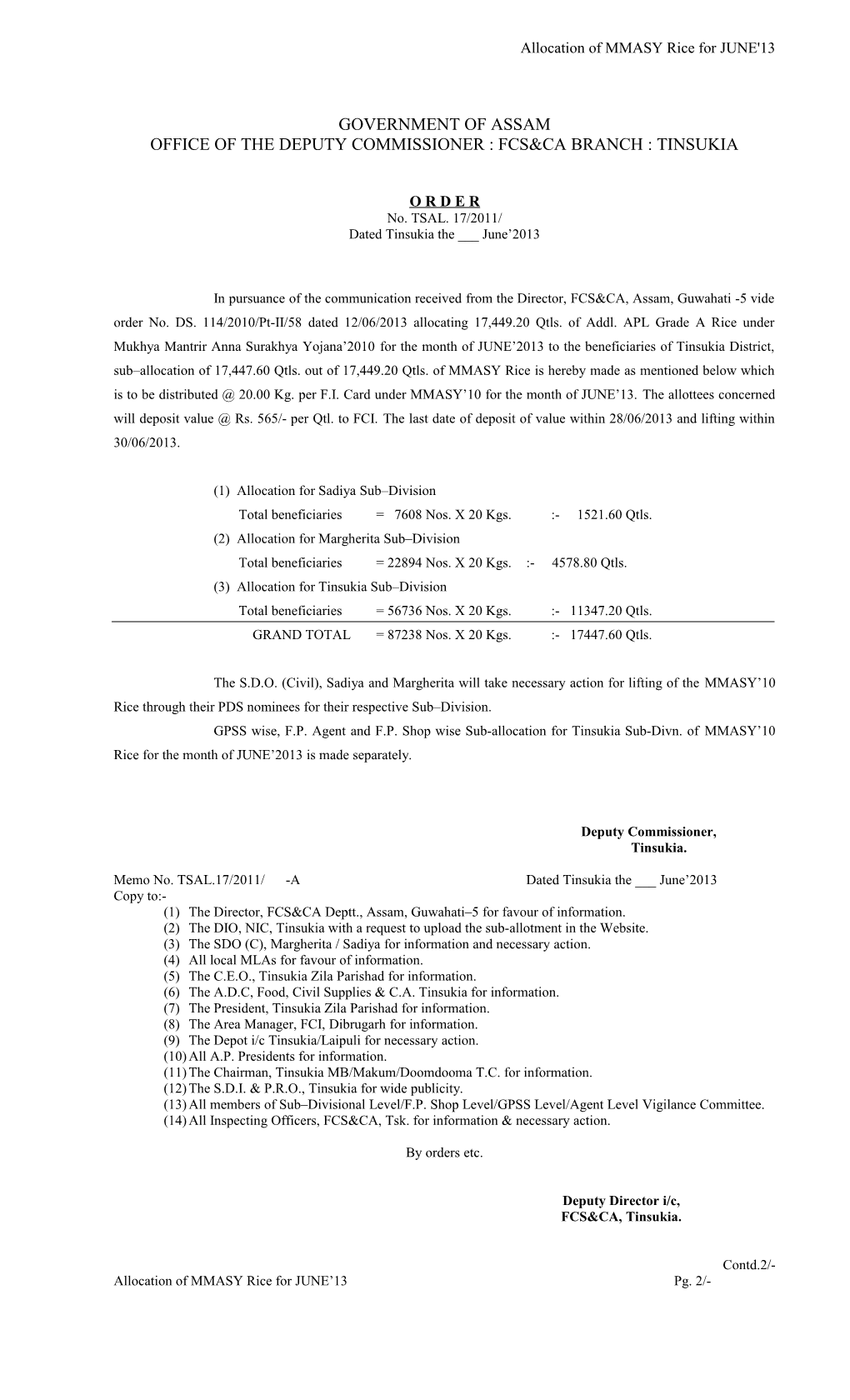 Office of the Deputy Commissioner : Fcs&Ca Branch : Tinsukia