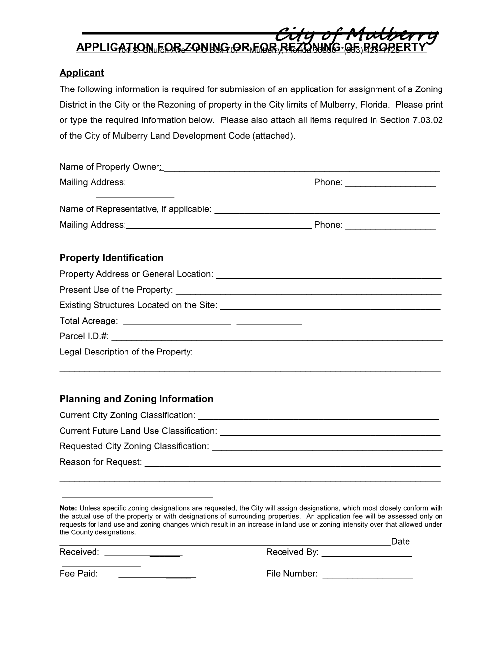 Application for Zoning Or for Rezoning of Property