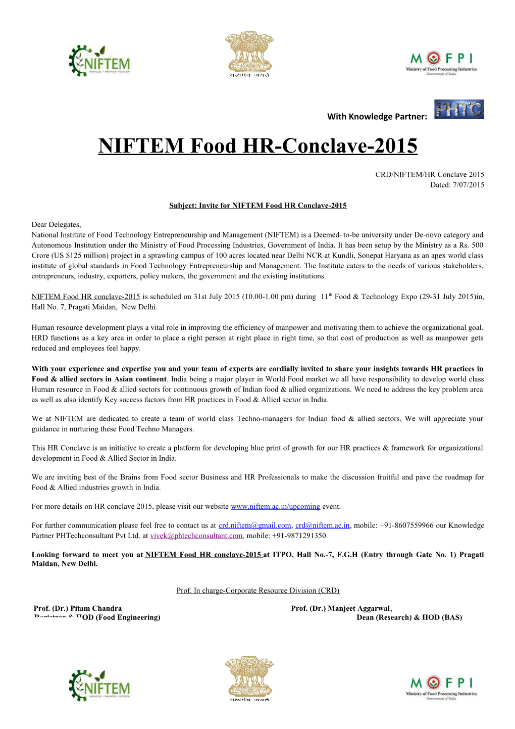 Subject: Invite for NIFTEM Food HR Conclave-2015