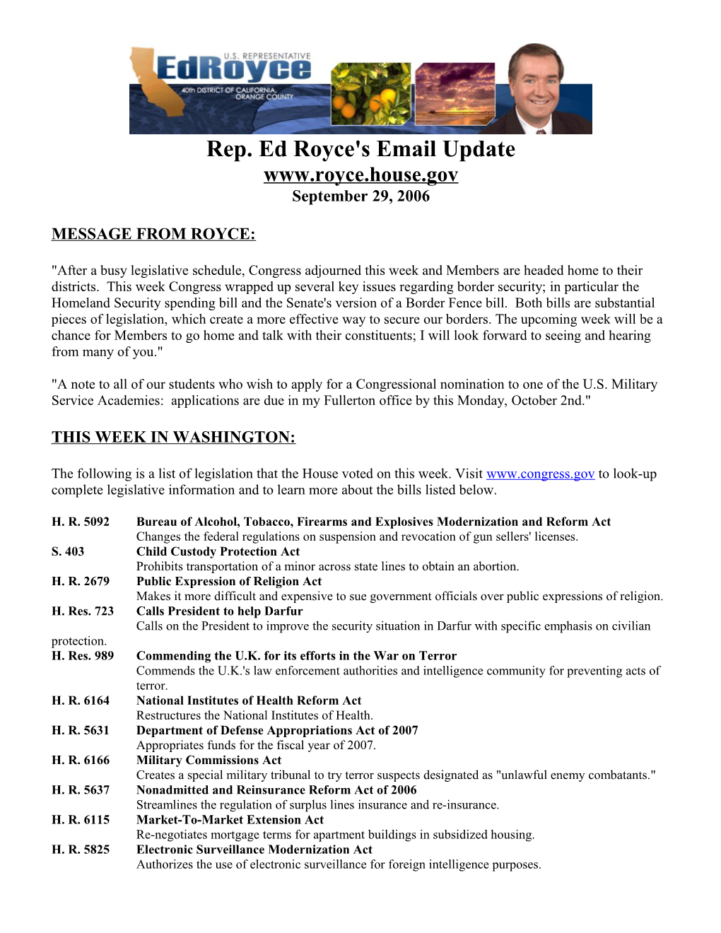 Rep. Ed Royce's Email Update