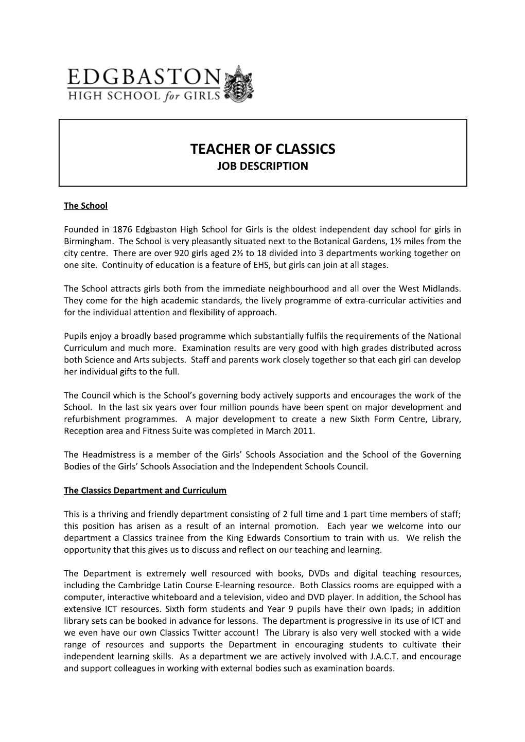 Job Description Teacher of Religious Studies