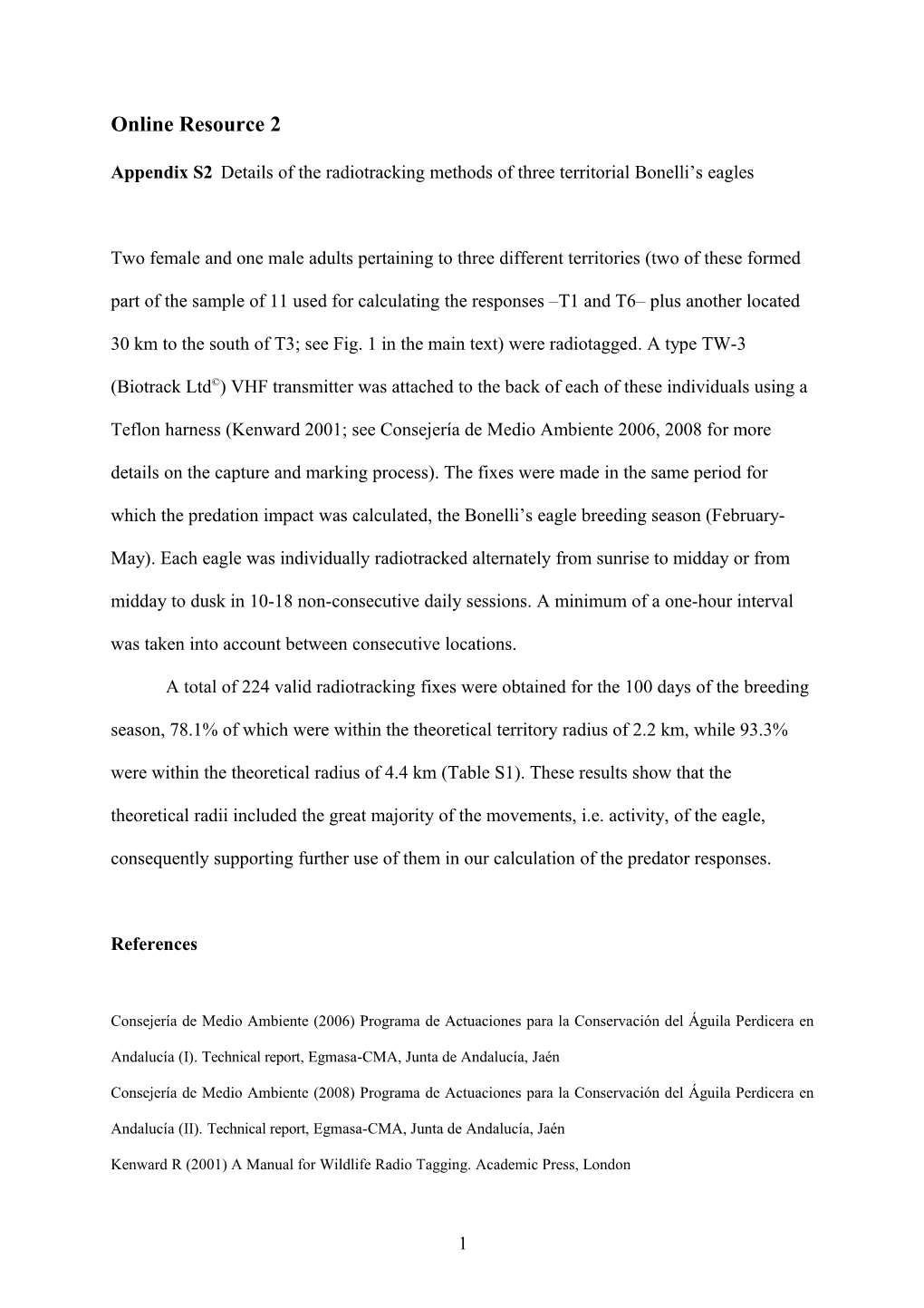 Appendix S2 Details of the Radiotracking Methods of Three Territorial Bonelli S Eagles