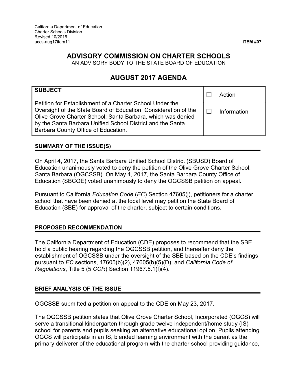 August 2017 ACCS Agenda Item 11 - Advisory Commission on Charter Schools (CA State Board