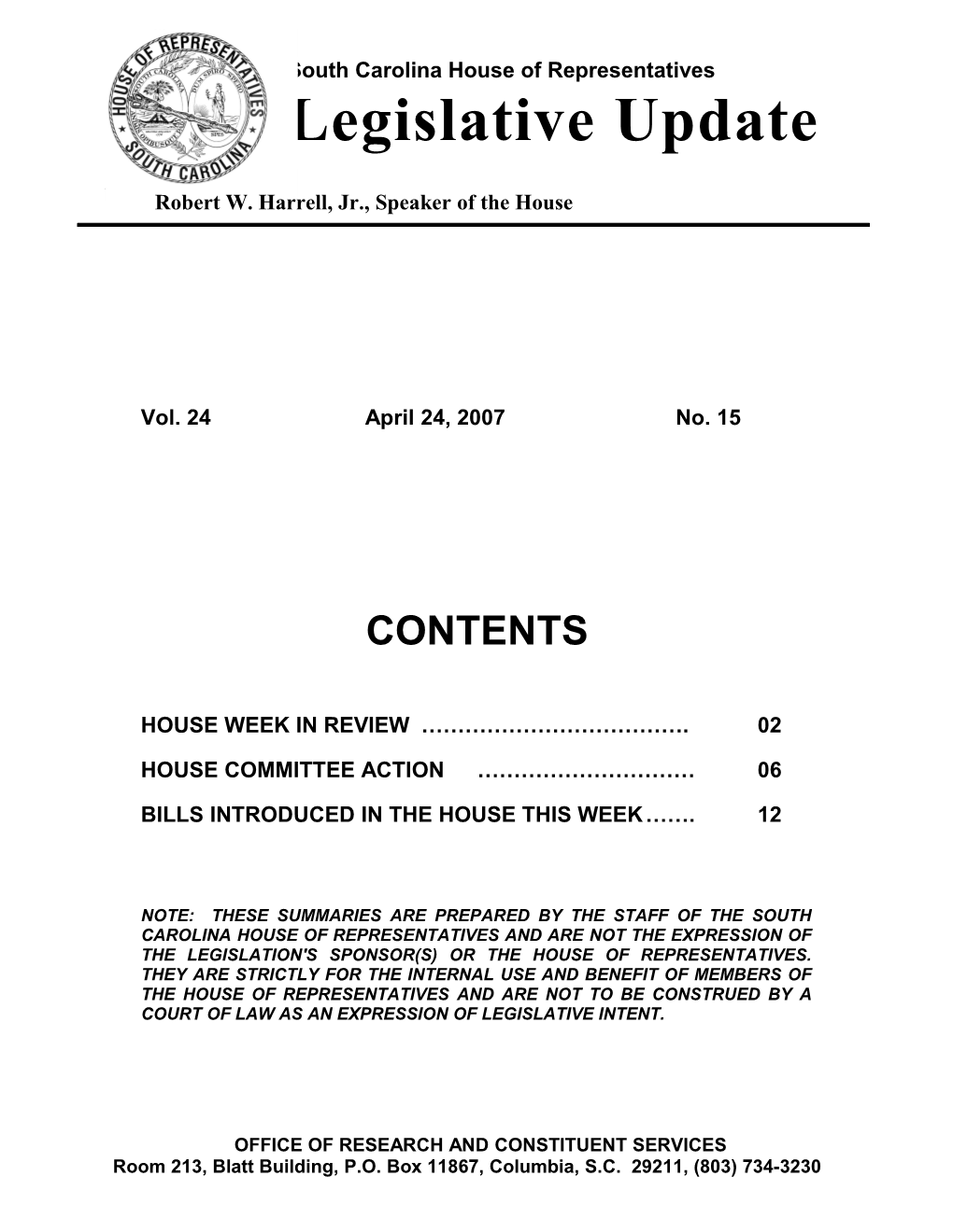 Legislative Update - Vol. 24 No. 15 April 24, 2007 - South Carolina Legislature Online