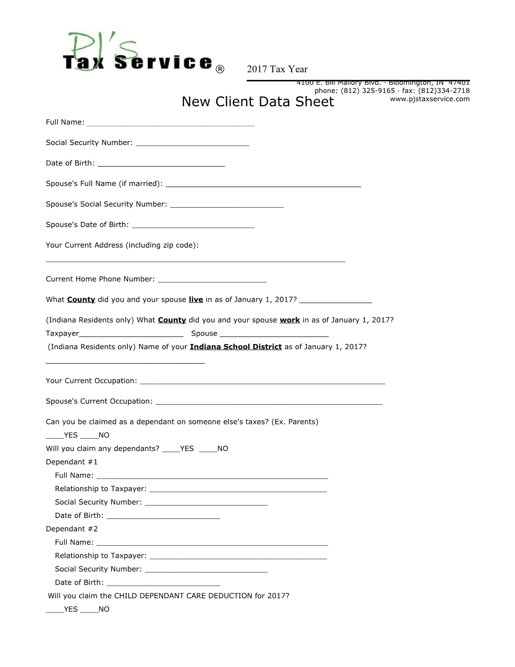 New Client Data Sheet