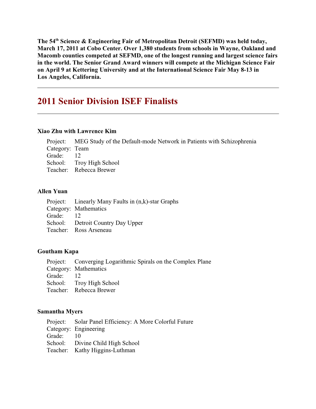 2011 Senior Division ISEF Finalists