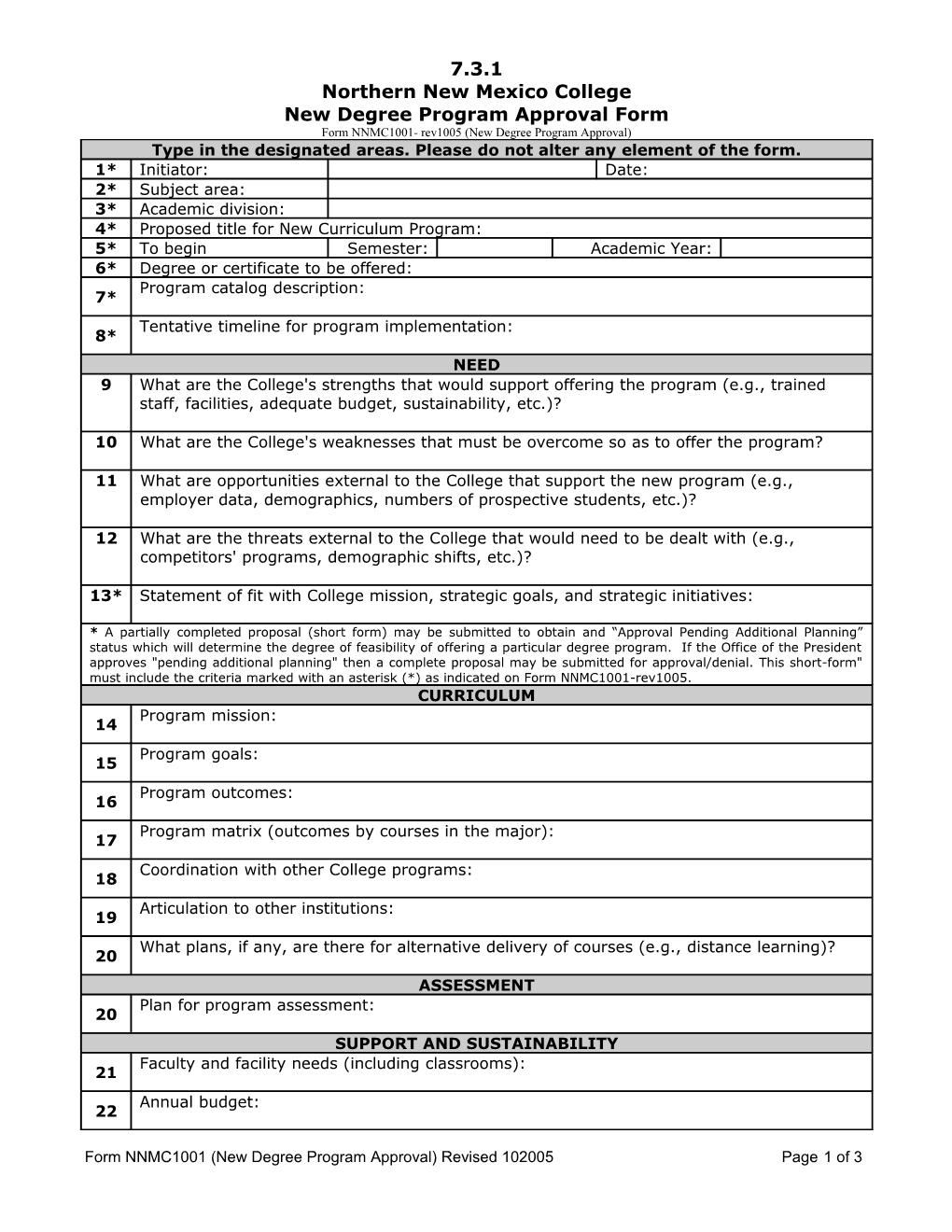 Form NNMC1001 (New Degree Program Approval) Revised 102005 Page 1 of 3