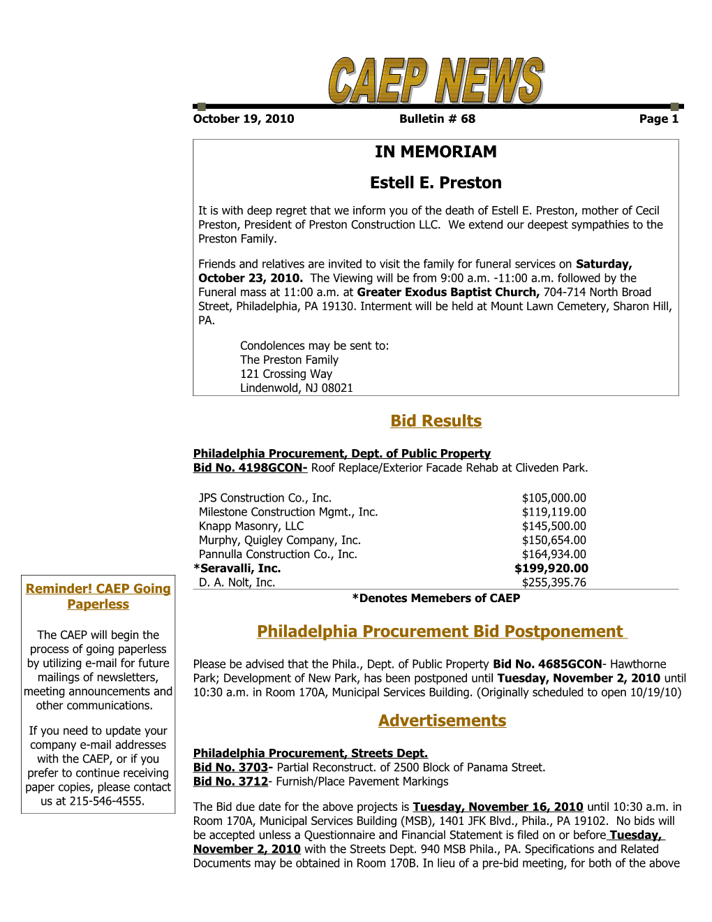 October 19, 2010 Bulletin # 68 Page 1