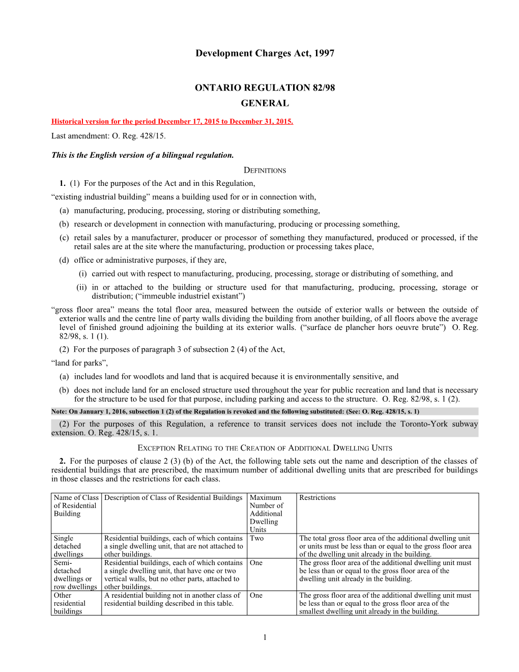 Development Charges Act, 1997 - O. Reg. 82/98