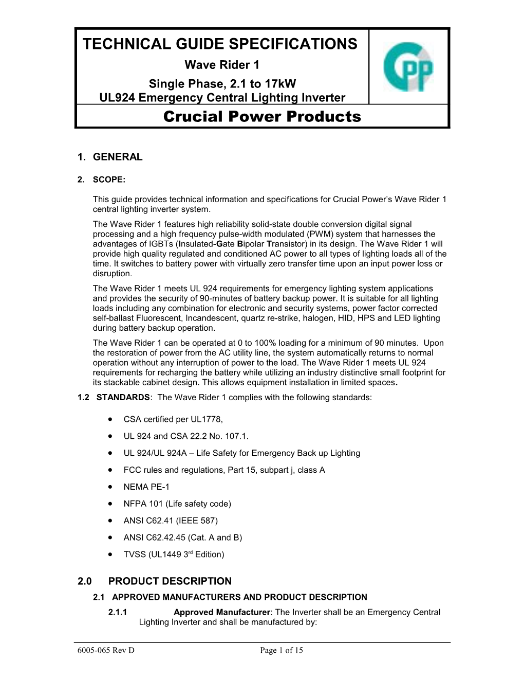 Technical Specification for a 3 to 15 Kva