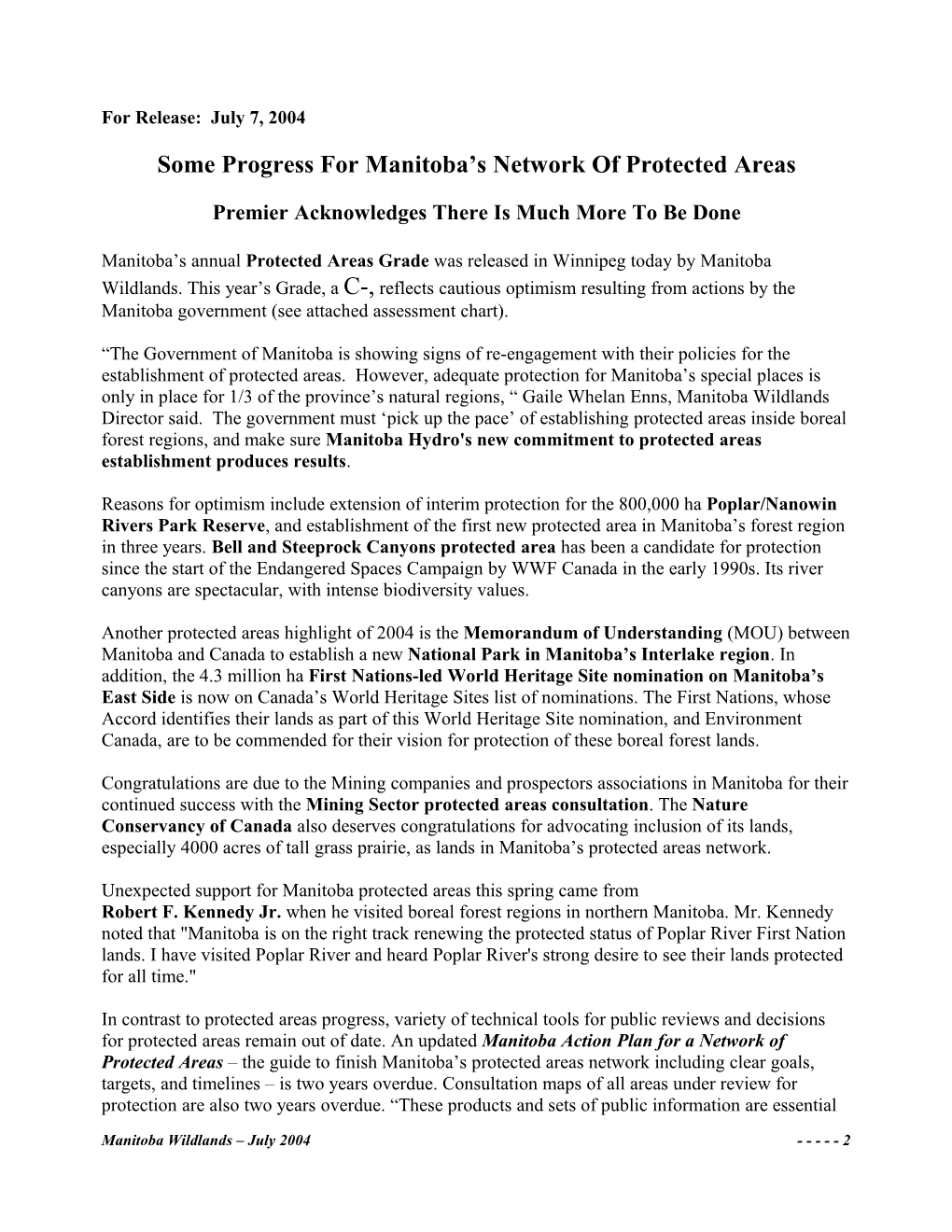 Some Progress for Manitoba S Network of Protected Areas