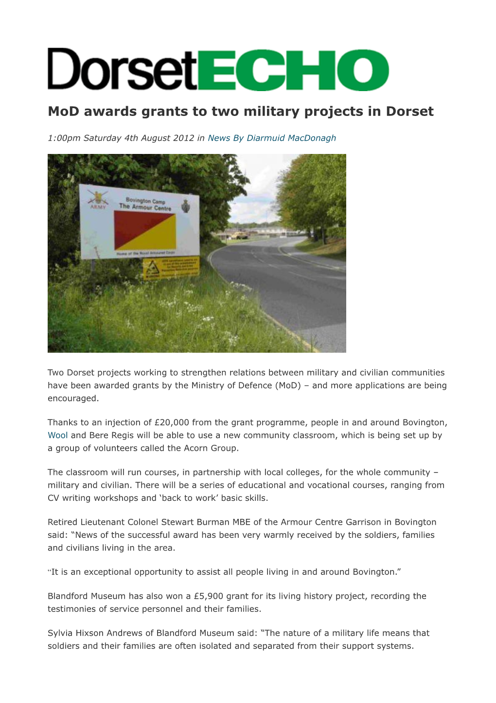 Mod Awards Grants to Two Military Projects in Dorset