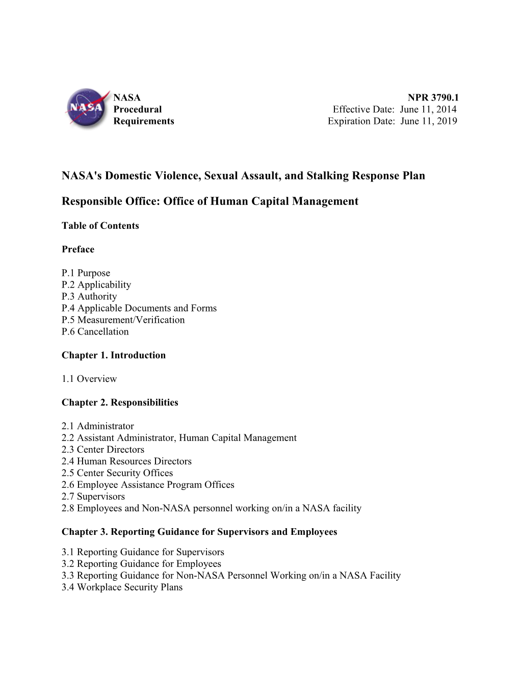 NASA's Domestic Violence, Sexual Assault, and Stalking Response Plan